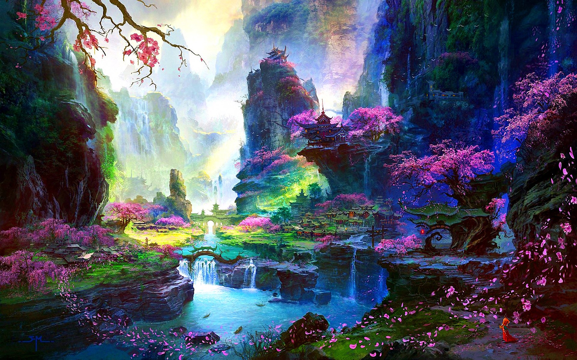 A vibrant fantasy landscape featuring lush mountains, blooming cherry blossom trees, and a shimmering river, all illuminated by ethereal light, creating a magical atmosphere.