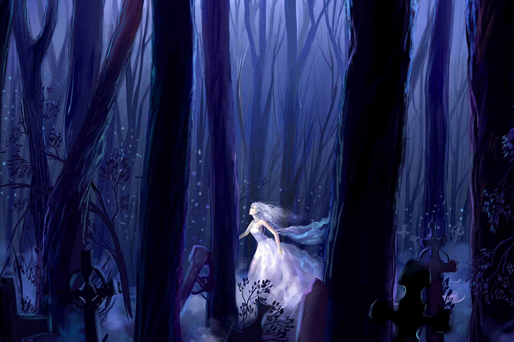 A solitary figure in a flowing gown wanders through a dark, eerie forest, surrounded by towering trees and gravestones, evoking a haunting sense of the undead.