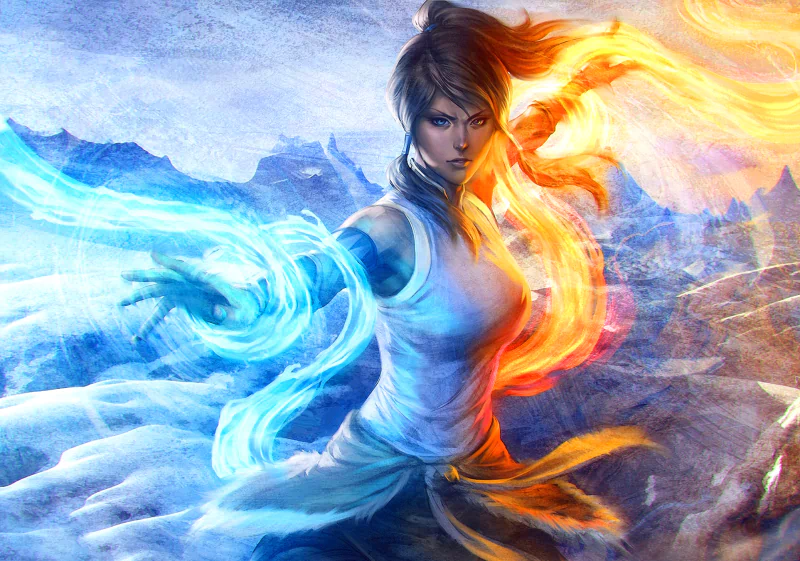 Korra from Avatar: The Legend of Korra stands powerful, manipulating blue and orange elemental energies, set against a dramatic landscape.