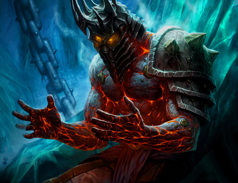 A massive dark fantasy warrior, with molten lava-like skin and glowing eyes, gestures dramatically amidst a chilling, shadowy backdrop of chains and icy blue tones.