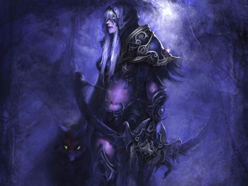 A character from the video game Warcraft stands in a mystical setting, adorned in dark armor and wielding dual daggers, accompanied by a shadowy feline companion.