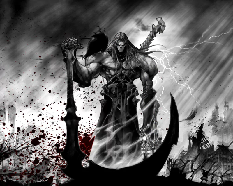 A powerful dark fantasy figure looms with a scythe, surrounded by chaos and splashes of red against a stormy black and white backdrop, exuding an ominous and eerie presence.