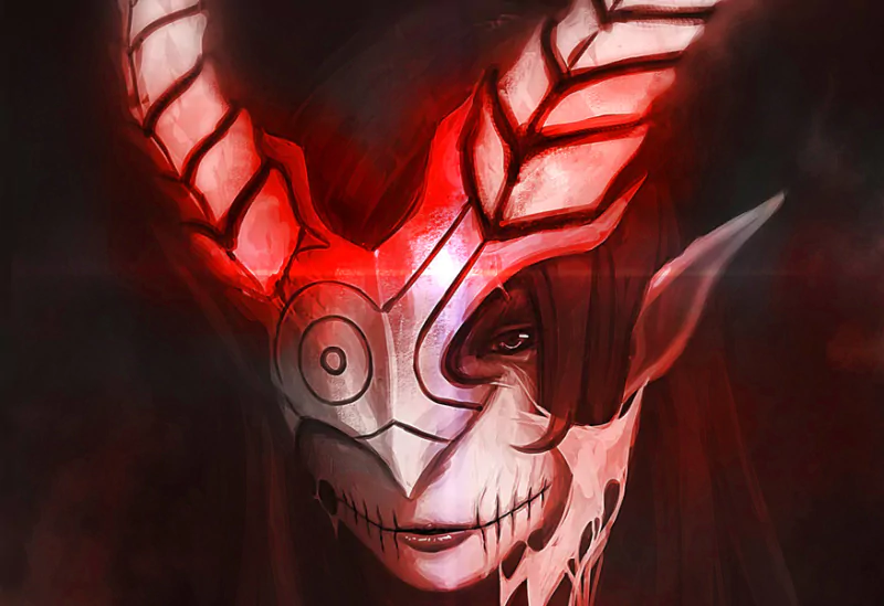 A dark fantasy portrait featuring a figure with striking red and white horns and a hauntingly intricate mask, exuding an eerie and mystical ambiance.