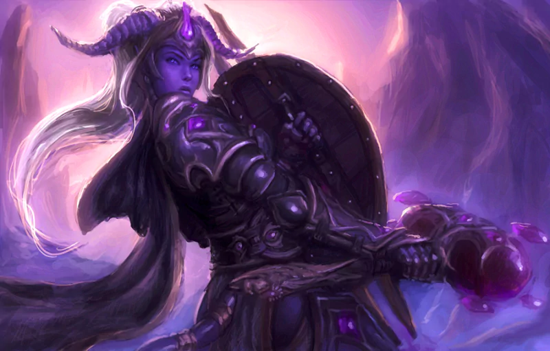 A powerful character from the Warcraft video game, adorned in dark armor with purple accents, wielding a shield and a glowing orb, set against an ethereal background.