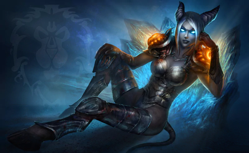 A character from the Warcraft video game series, featuring a sultry figure with glowing blue eyes and fiery orange orbs, set against a dark, mystical background.