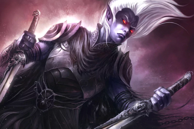 A fierce drow warrior stands confidently, wielding two swords. His striking purple skin and glowing red eyes enhance the dark fantasy atmosphere. The background features swirling shadows.