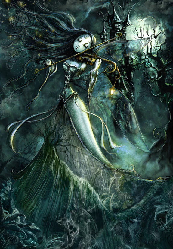 A whimsical fairy with long flowing hair plays a violin amidst a dark, enchanted forest, illuminated by a glowing lantern and a mysterious castle in the background.