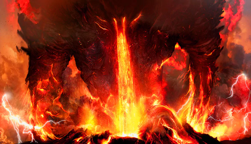 A dramatic fantasy scene depicting an elemental eruption, with streams of molten lava cascading from a dark, towering figure amidst fiery sparks and lightning.