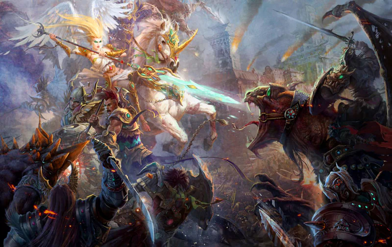 A dramatic fantasy scene featuring an armored angel on a unicorn, battling fierce opponents amid a chaotic battlefield, conveying a sense of valor and epic confrontation.