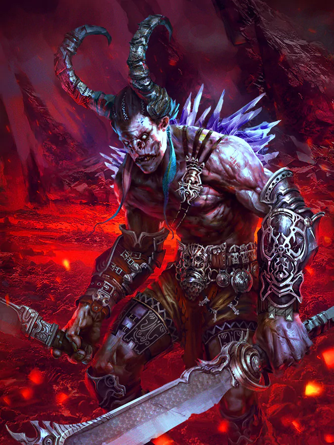A powerful demon stands menacingly in a fiery landscape, adorned with intricate armor and wielding dual swords, exuding a fierce and imposing aura.