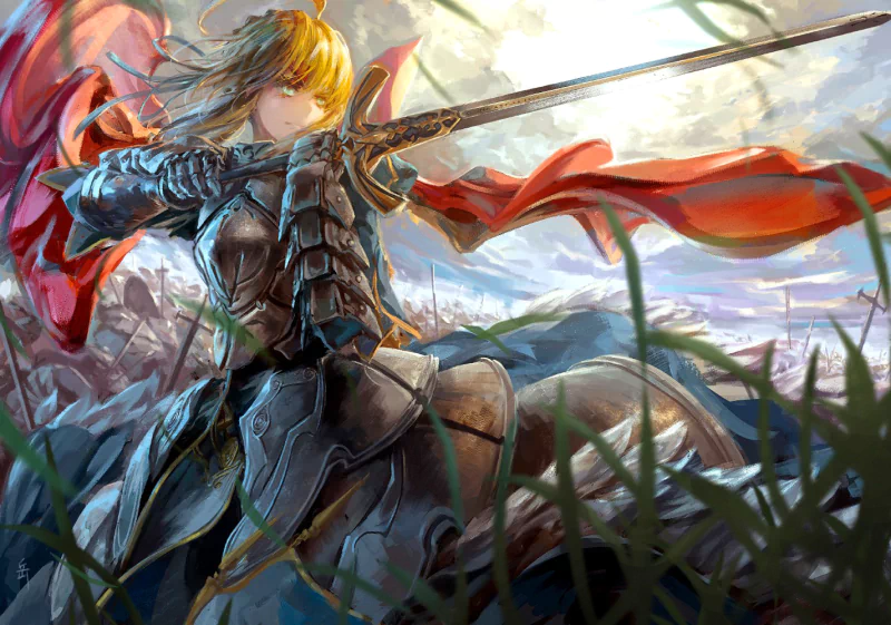 A fierce anime warrior from *Fate/Zero*, wielding a sword and clad in shining armor, stands poised for battle against a dramatic sky, surrounded by fields and hints of conflict.