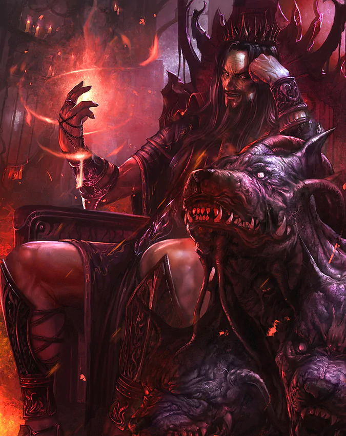 A powerful depiction of Hades, the god of the underworld, sitting on a throne with a menacing three-headed dog by his side, surrounded by a fiery, dark fantasy atmosphere.