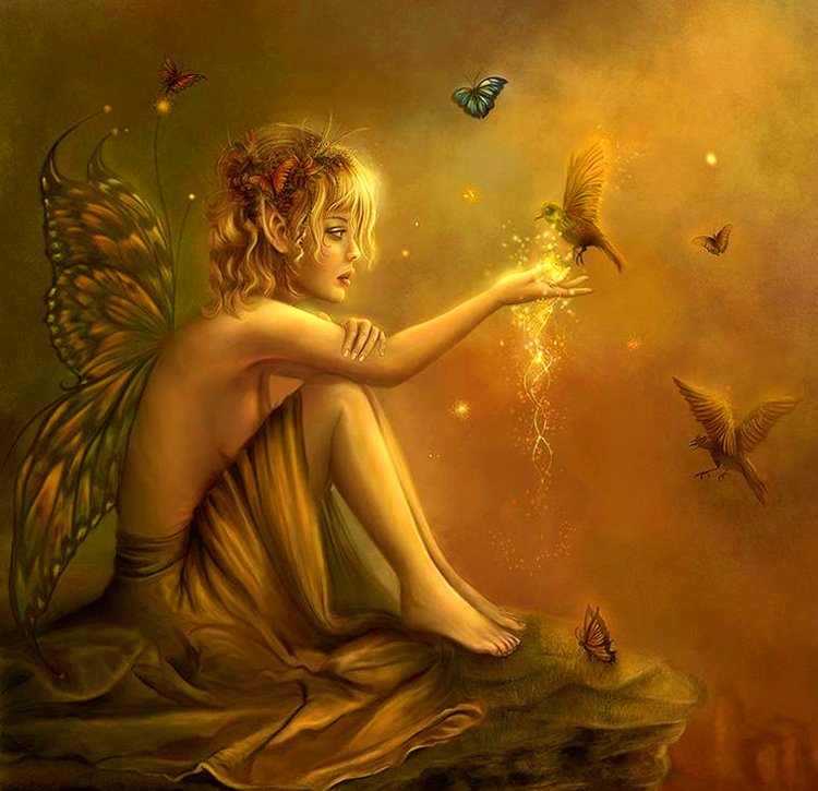 A fairy with delicate wings sits calmly, conjuring sparkling magic as butterflies flutter around her in a warm, enchanting fantasy setting.