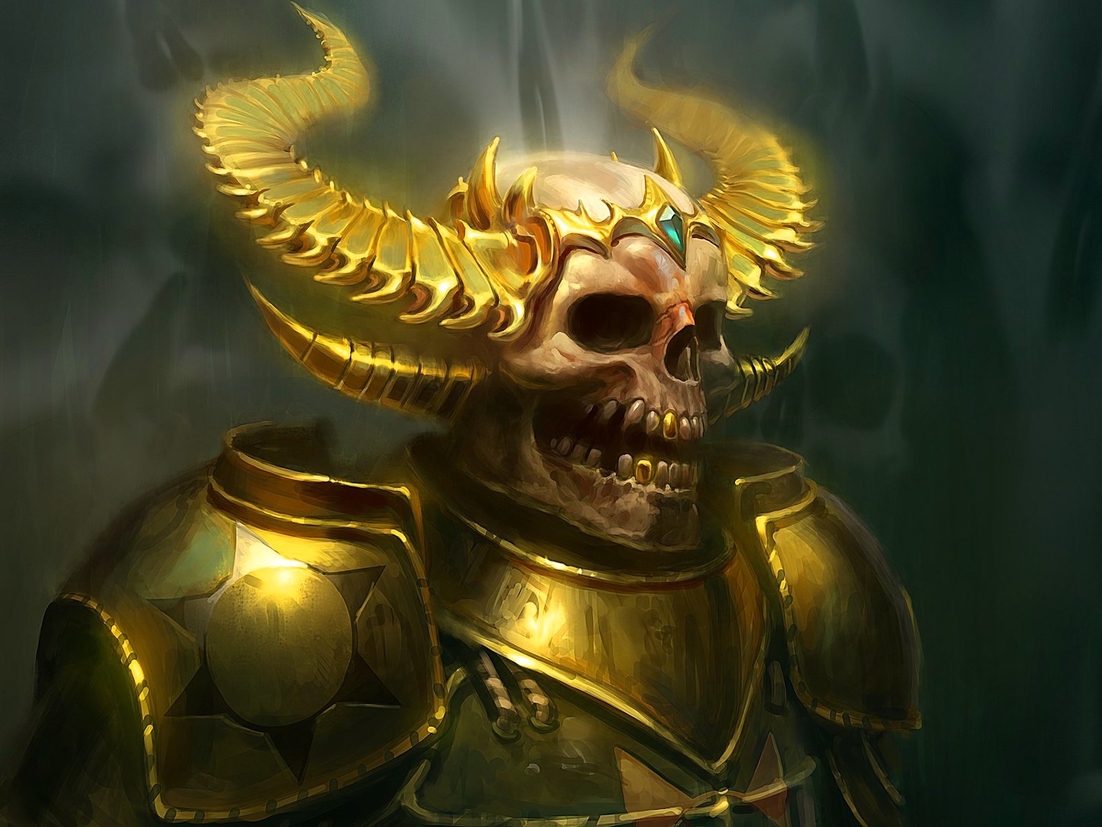 A dark, undead figure with a skull adorned in ornate golden armor and impressive horns, set against a misty background. The eerie atmosphere hints at a powerful presence.