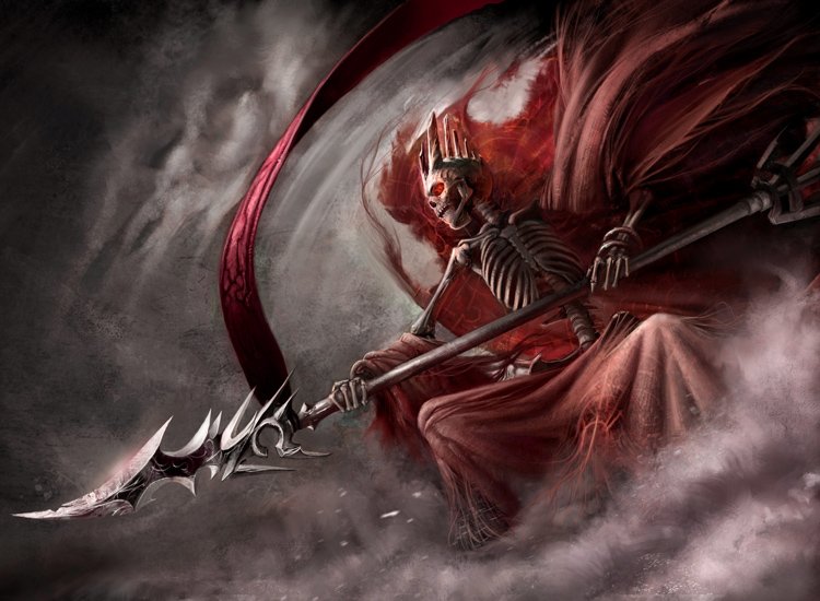 A dark, undead figure rides through stormy skies, wielding a menacing spear. Its flowing red cape contrasts with a skeletal frame, embodying a powerful, eerie presence.