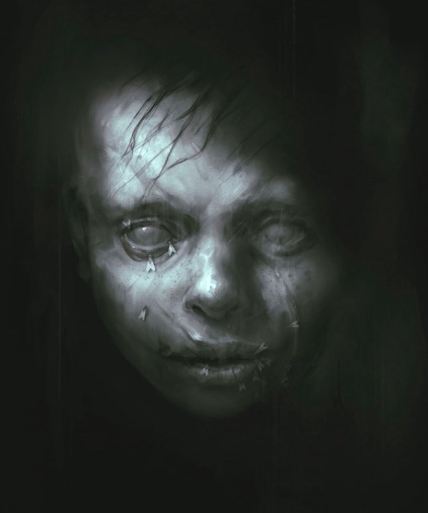 A haunting visage of a dark, undead figure with hollow eyes and a ghostly expression, set against an ominous shadowy background.