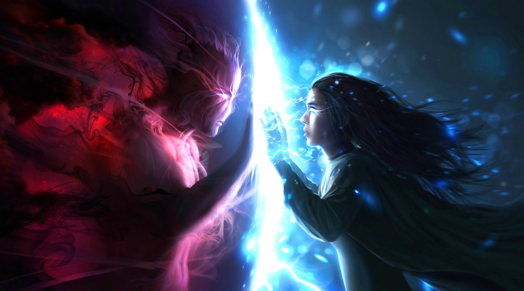 A fantasy scene depicting a mystical confrontation between a woman and a shadowy figure, surrounded by vibrant magical energies, highlighting the clash of light and darkness.