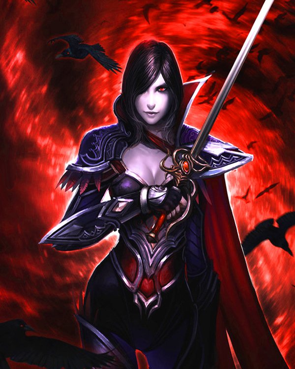 A dark undead figure stands confidently with a sword, clad in ornate armor, against a swirling red background and accompanied by ominous crows.