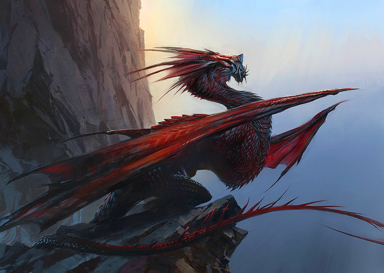 A majestic red dragon perches on a rocky cliff, its wings spread wide against a misty backdrop, embodying the essence of fantasy and adventure.
