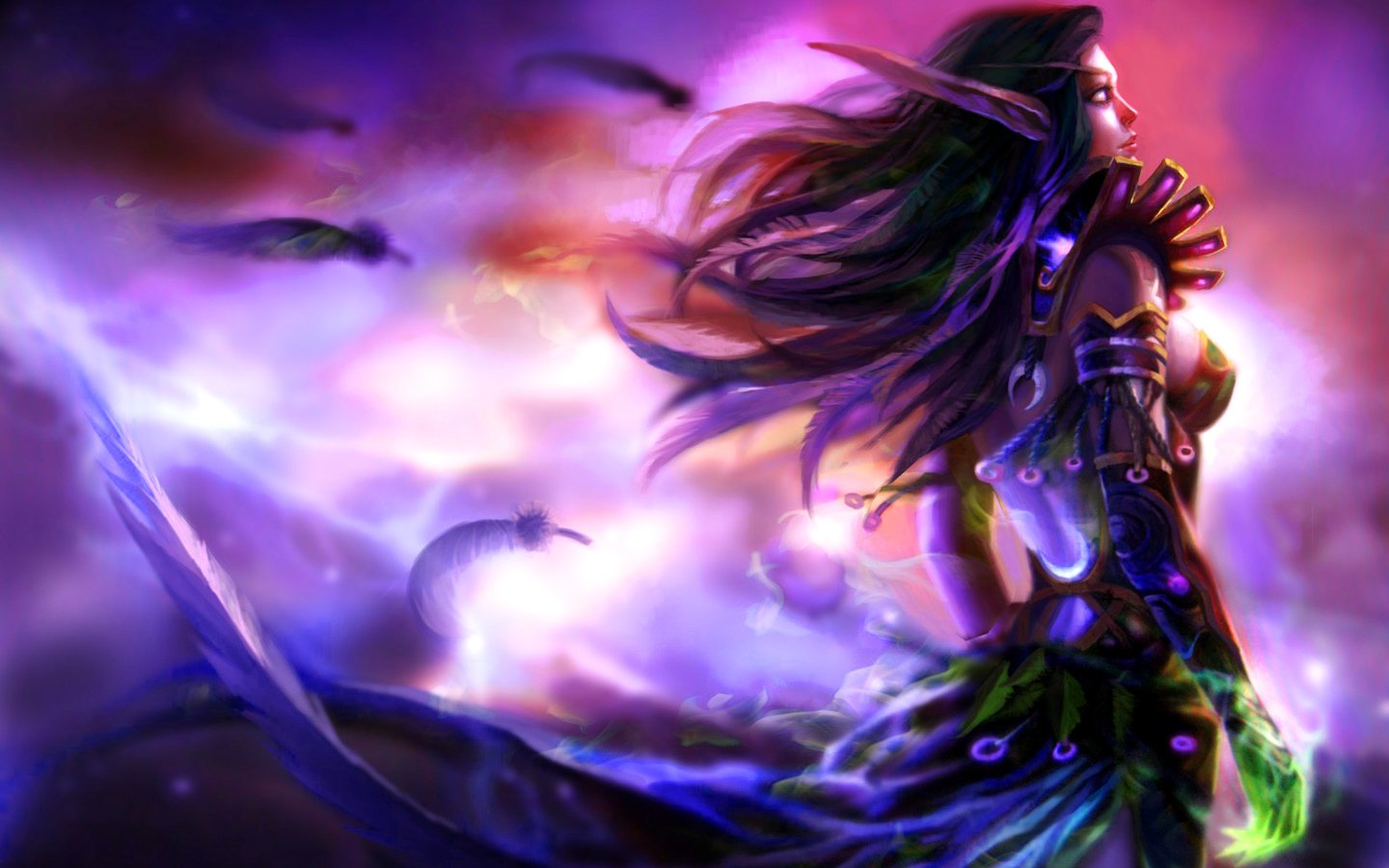 A mystical character from the video game Warcraft gazes into a vibrant cosmic landscape, her flowing hair surrounded by ethereal colors and magical creatures.
