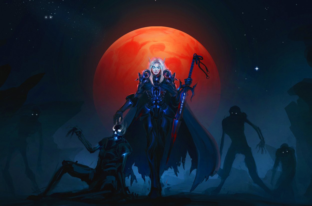 A dark, atmospheric scene from Warcraft featuring a powerful figure dressed in armor, wielding a staff, surrounded by eerie silhouettes under a blood-red moon.