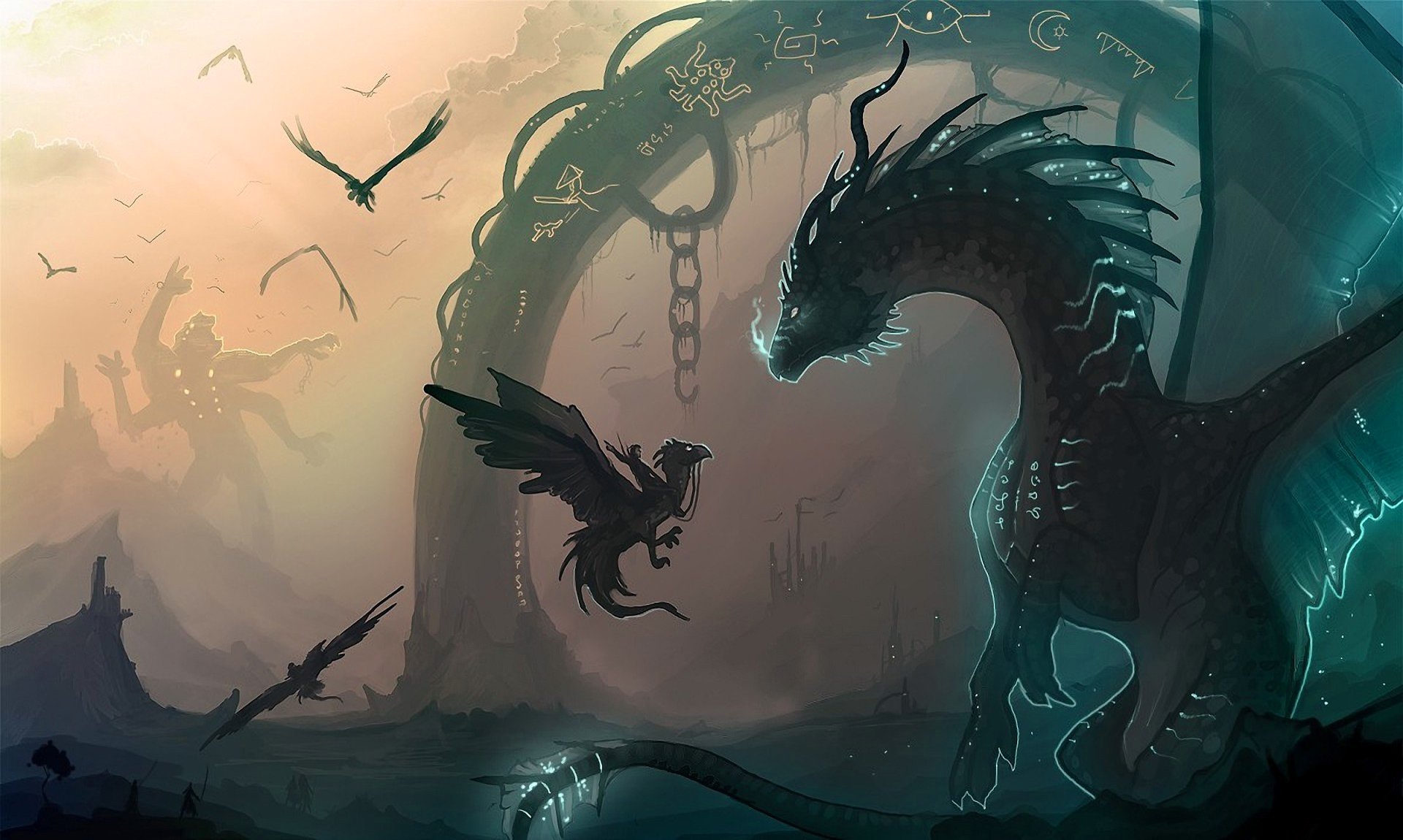 A majestic dragon looms near an ancient, glowing archway, while a small creature confronts it against a backdrop of fantasy landscapes and flying birds.