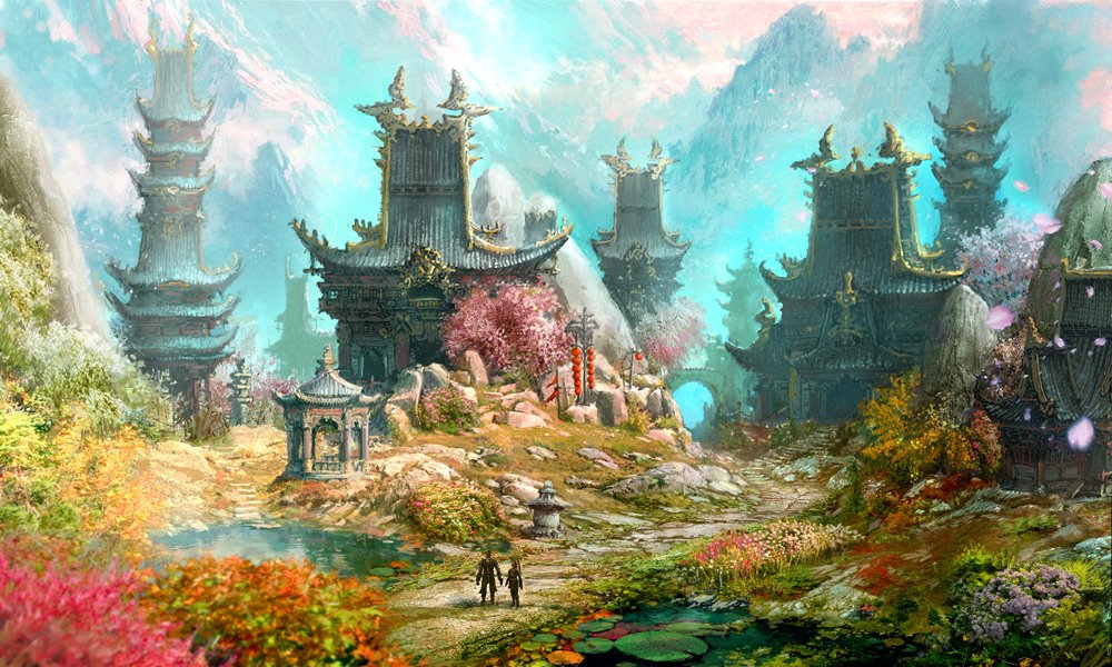 A vibrant fantasy landscape featuring majestic towers surrounded by colorful flora and mountains, creating an enchanting and serene atmosphere. Two figures walk along the picturesque path.