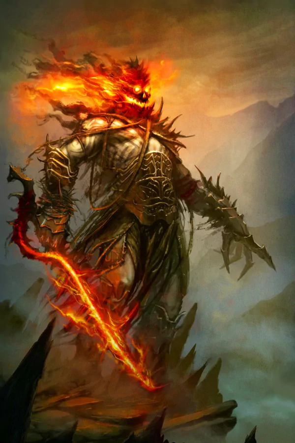 A towering demon adorned with fiery features stands menacingly, wielding a flaming sword, set against a dramatic mountain backdrop in a striking fantasy scene.