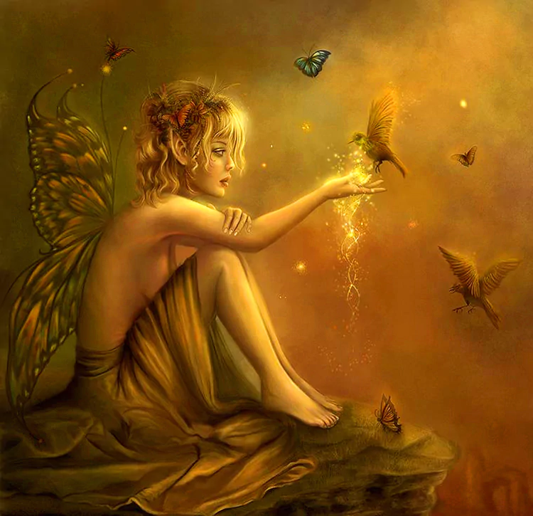 A fairy with delicate wings sits calmly, conjuring sparkling magic as butterflies flutter around her in a warm, enchanting fantasy setting.