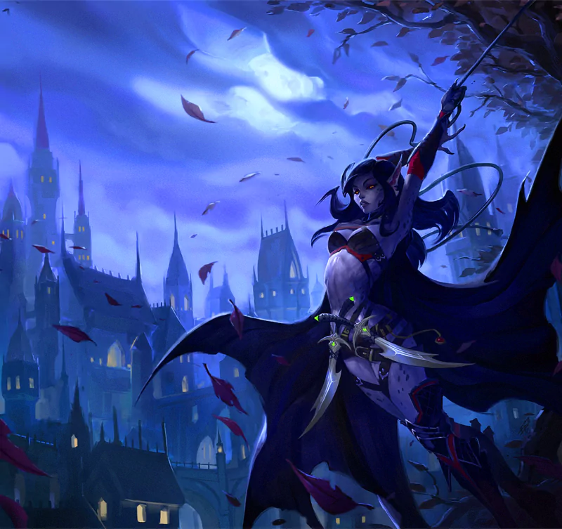 A dark, atmospheric scene from Warcraft, featuring a mysterious character poised with dual daggers against a moonlit, gothic city backdrop.