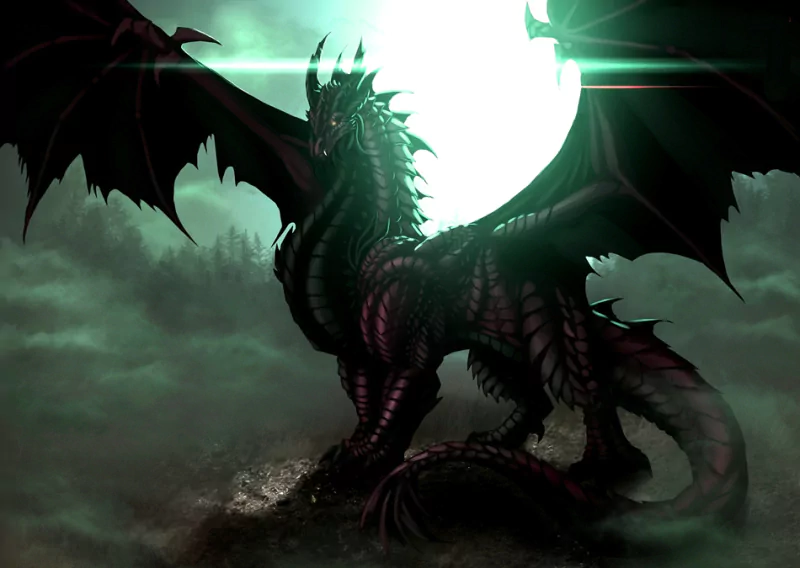 A majestic dragon stands proudly against a full moon, its powerful wings spread wide, surrounded by swirling mist in a captivating fantasy landscape.