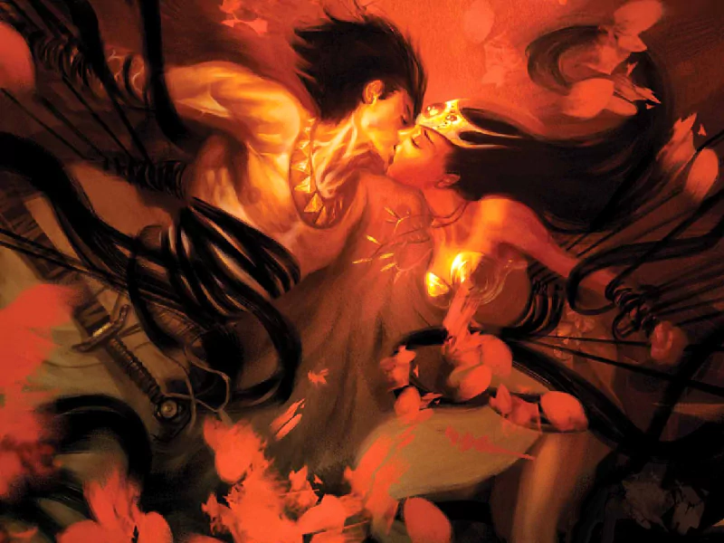 A dramatic fantasy scene illustrating an intimate moment between two figures, surrounded by swirling tendrils and flowers, evoking themes from literature.