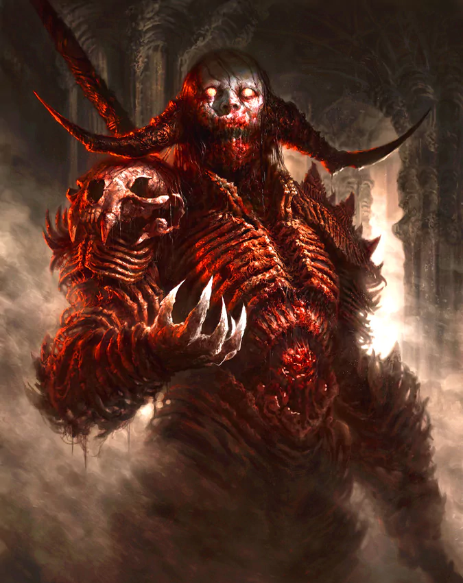 A towering demon with glowing eyes and a grotesque, muscular body stands in a dark, smoky environment, exuding an aura of power and menace, embodying fantasy elements.