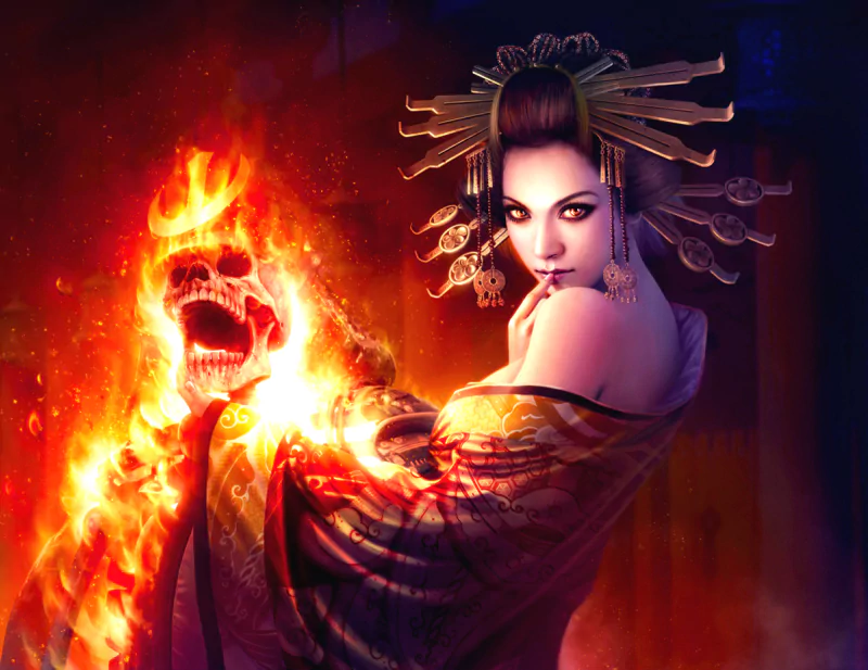 A striking fantasy scene from Legend of the Five Rings featuring a fierce samurai woman with an elegant kimono, wielding a flaming skull in a dark, atmospheric setting.