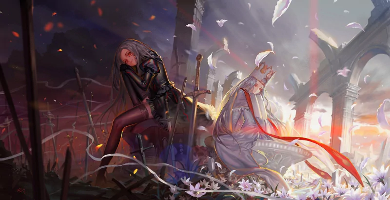 An evocative scene from the anime Fate/Grand Order, featuring two characters amid a dramatic landscape filled with petals and ruins, conveying a sense of tension and reflection.