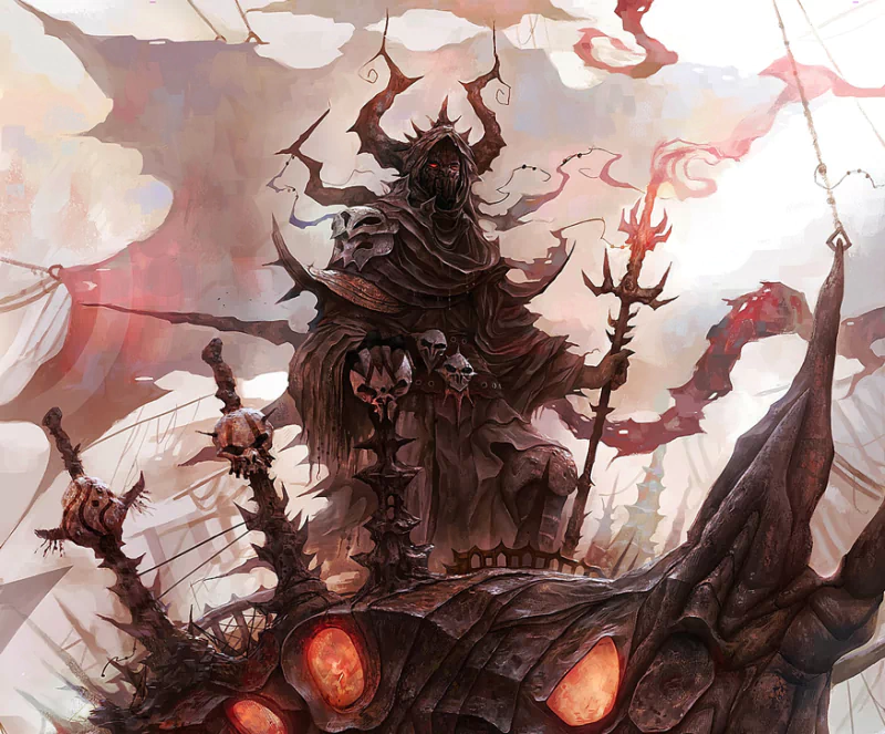 A dark fantasy scene featuring a powerful figure clad in elaborate armor, standing atop a sinister ship adorned with ominous sculptures and glowing eyes, amidst swirling clouds.
