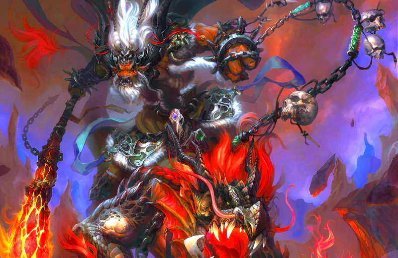 A striking illustration from the video game Warcraft, featuring a powerful character wielding dark magic and commanding a fearsome beast amidst swirling colors and dynamic energy.