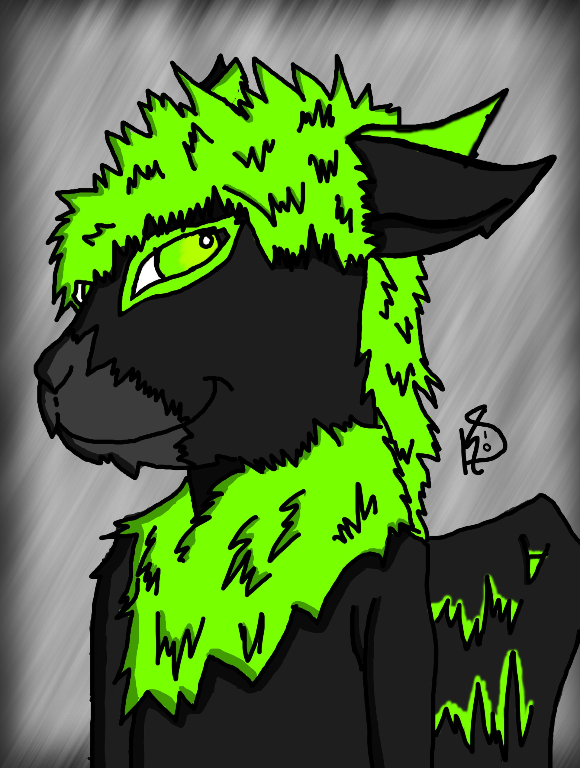 A vibrant, cartoon-style creature with a black and bright green fuzzy coat and playful expression, featuring dragon-like wings, set against a textured gray background.