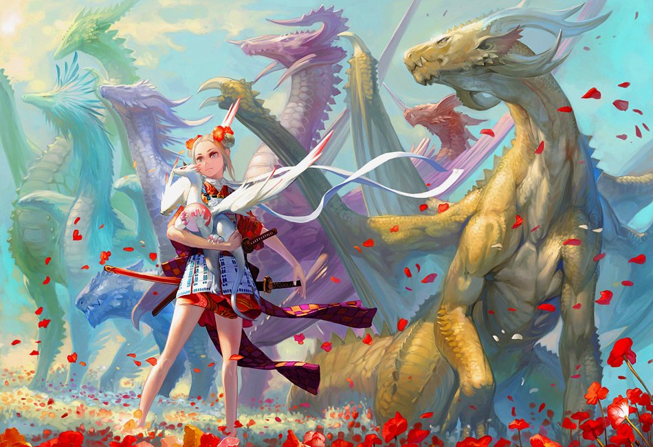 A fantasy scene featuring a warrior surrounded by an array of colorful dragons, with petals scattered on the ground, creating a vibrant and mystical atmosphere.