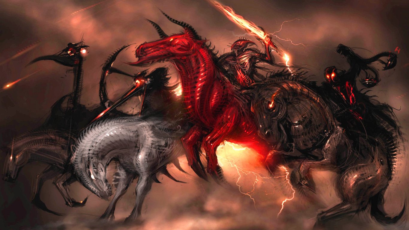A dramatic scene depicting a mythical figure riding a fierce red horse, surrounded by dark, shadowy steeds, embodying themes of fantasy and mythology amidst a stormy backdrop.