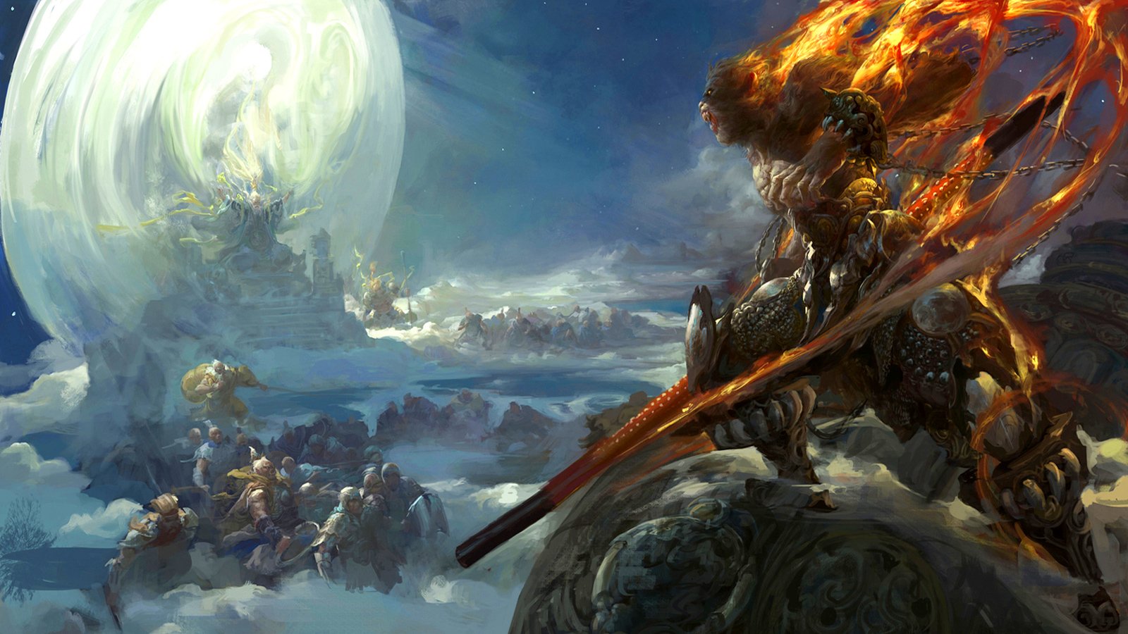 A fantastical oriental scene featuring a warrior wielding a fiery weapon, set against an ethereal landscape with mystical clouds and a shining moon in the background.
