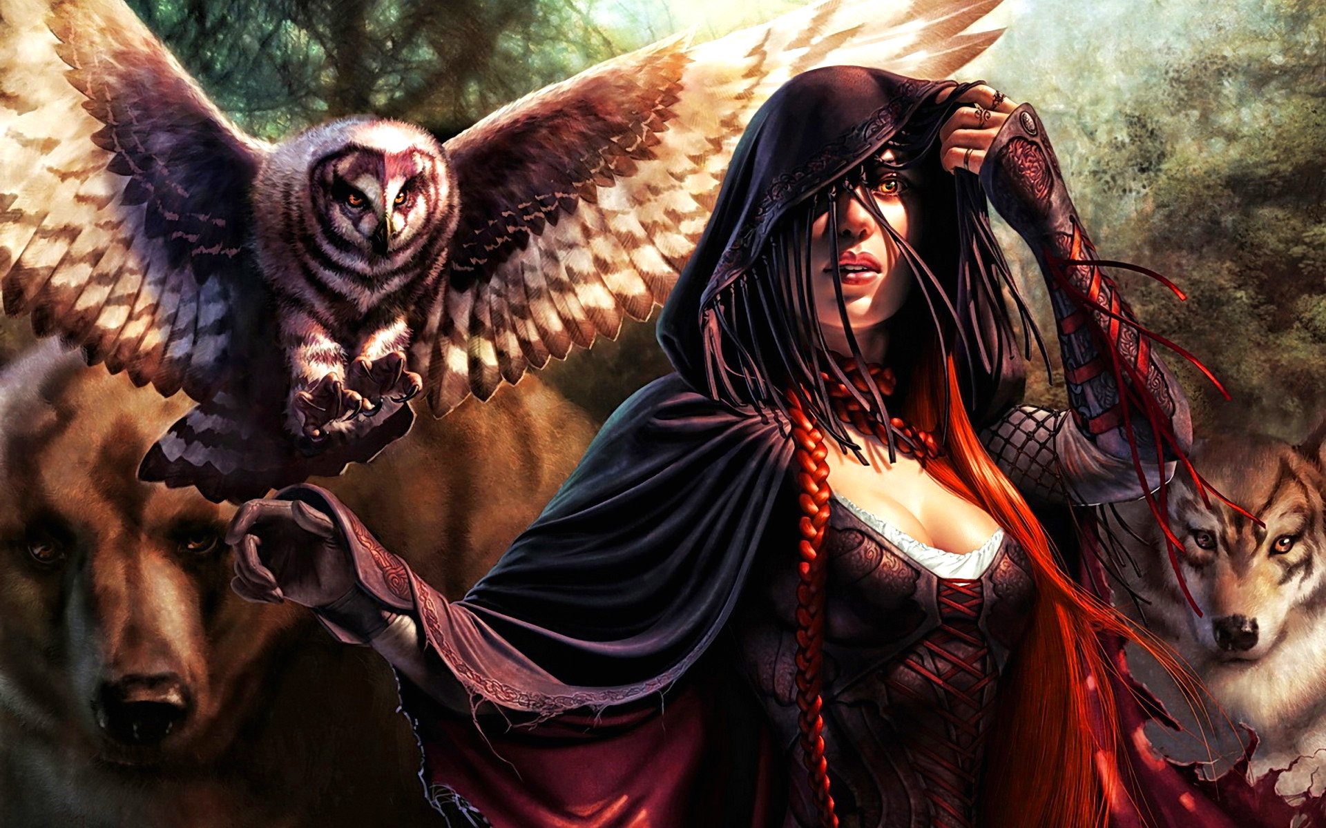 A fantasy scene featuring a woman in a dark cloak, surrounded by an owl and wolves, conveying a mystical, powerful presence in a lush, enchanted forest.