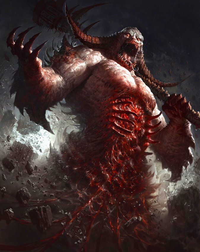 A massive, terrifying demon looms in a dark, chaotic landscape, showcasing its muscular form, twisted horns, and a gaping maw, embodying the essence of fantasy horror.