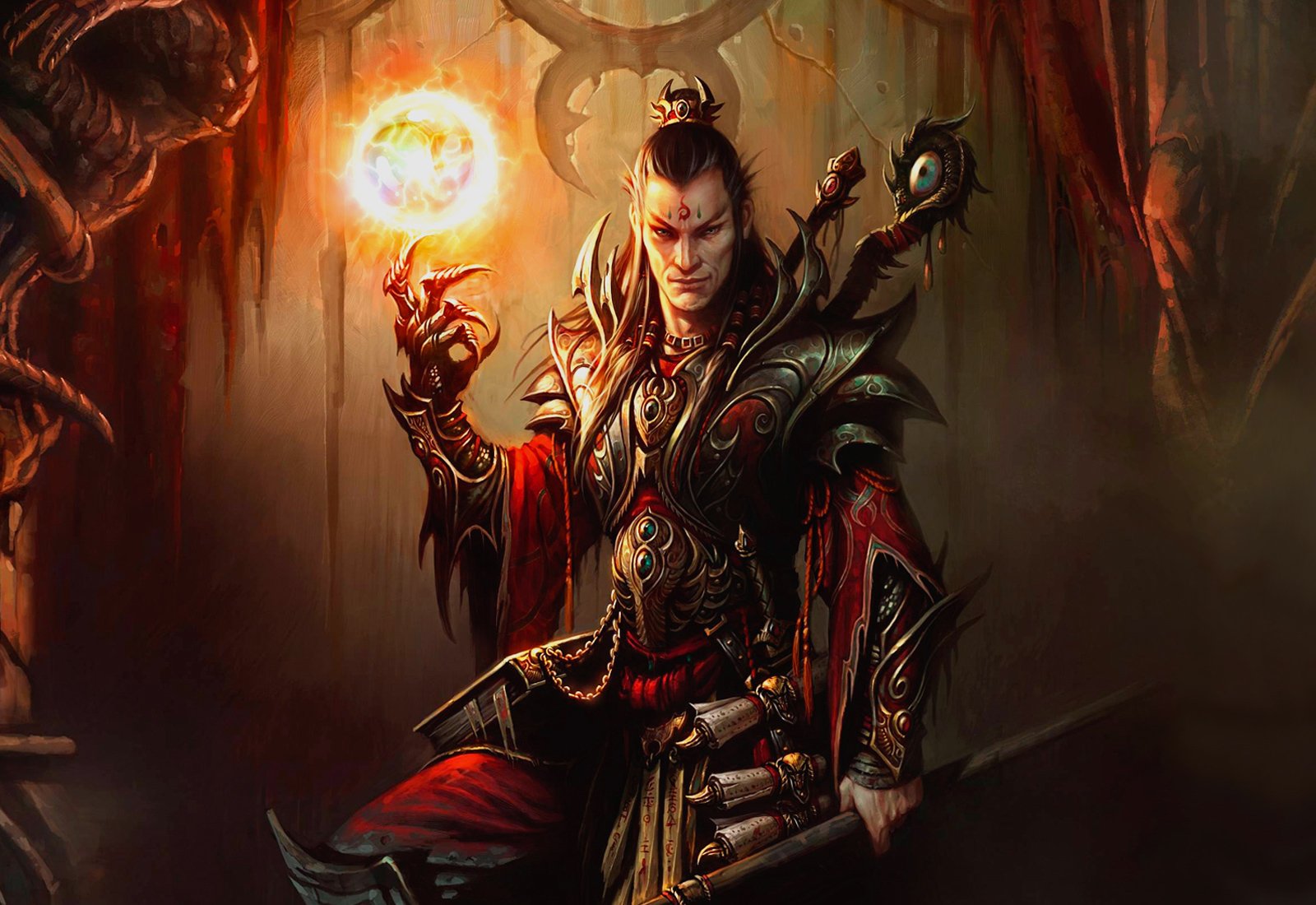 A powerful sorcerer stands in a mystical setting, wielding a glowing orb of magic. His ornate armor and confident pose evoke a captivating sense of fantasy.