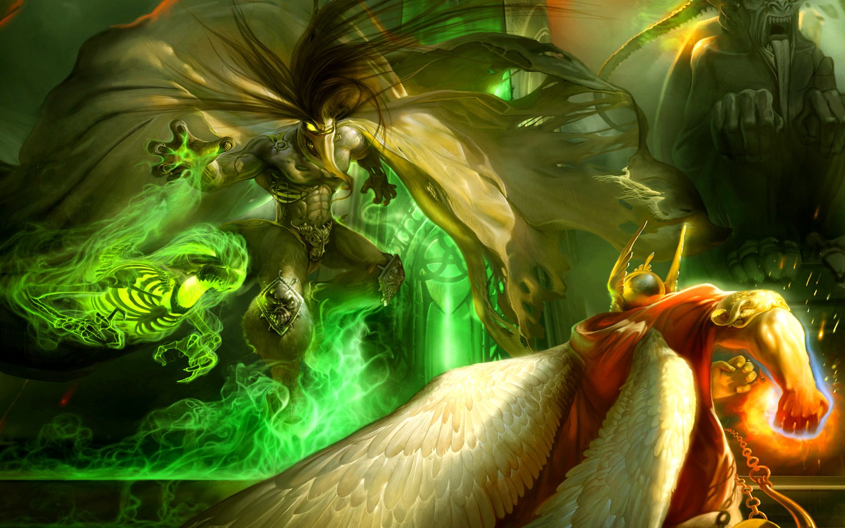 A powerful necromancer commands dark forces, surrounded by vibrant green energy, while a regal figure on the ground watches in awe, set in a richly detailed fantasy world.