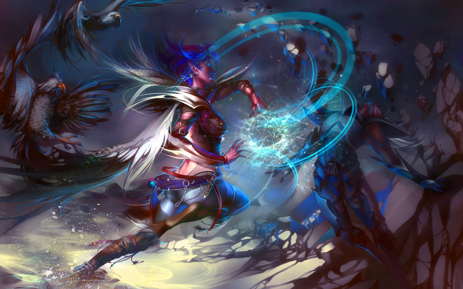 A dynamic scene from the Warcraft video game, featuring a character casting a spell with swirling blue energy, surrounded by dark, ethereal elements and flying creatures.