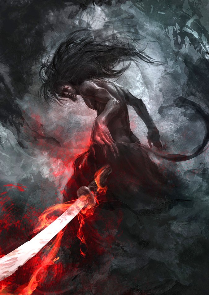 A fierce fantasy warrior with long dark hair wields a glowing red sword, surrounded by an ominous, misty backdrop, embodying strength and intensity in battle.