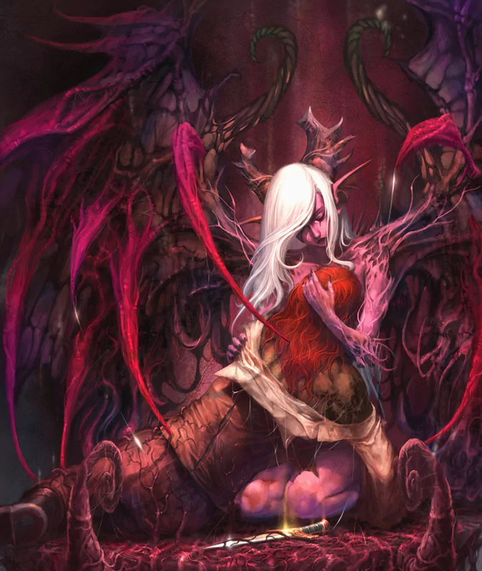 A demonic figure with striking white hair and dark, twisted wings kneels amidst an eerie, fleshy backdrop, embodying a captivating fantasy realm.