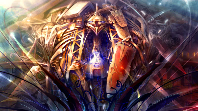 A dynamic anime-inspired sci-fi scene featuring a glowing figure amidst intricate, futuristic machinery and vibrant colors, blending technology and artistry in a captivating display.