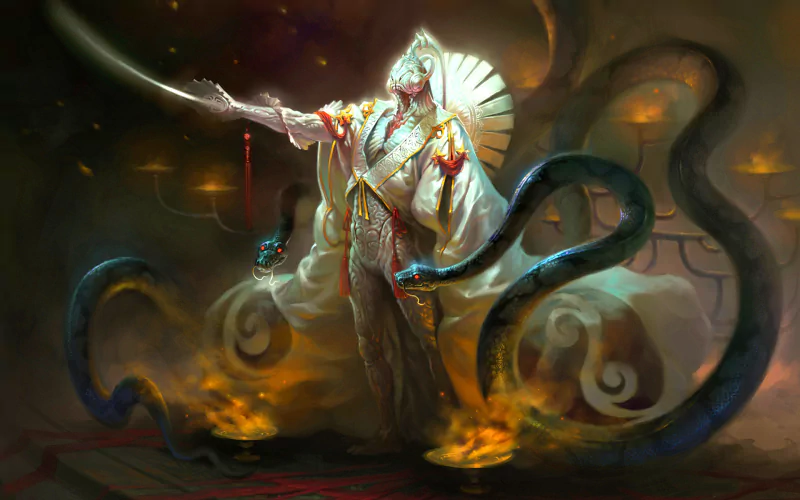 A fantasy figure adorned in elaborate robes stands amidst swirling dark shadows, wielding a sword. Sinister serpentine forms twist around, enhancing the eerie atmosphere.